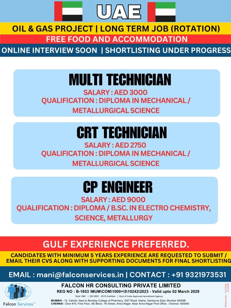 Jobs in UAE for Multi Technician and CP Engineer