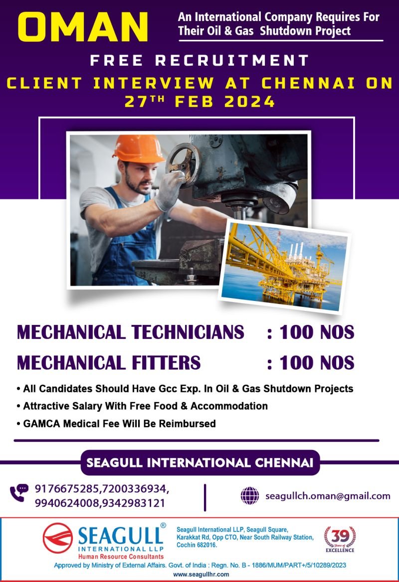 Hiring Mechanical Technicians and Fitters at Oman