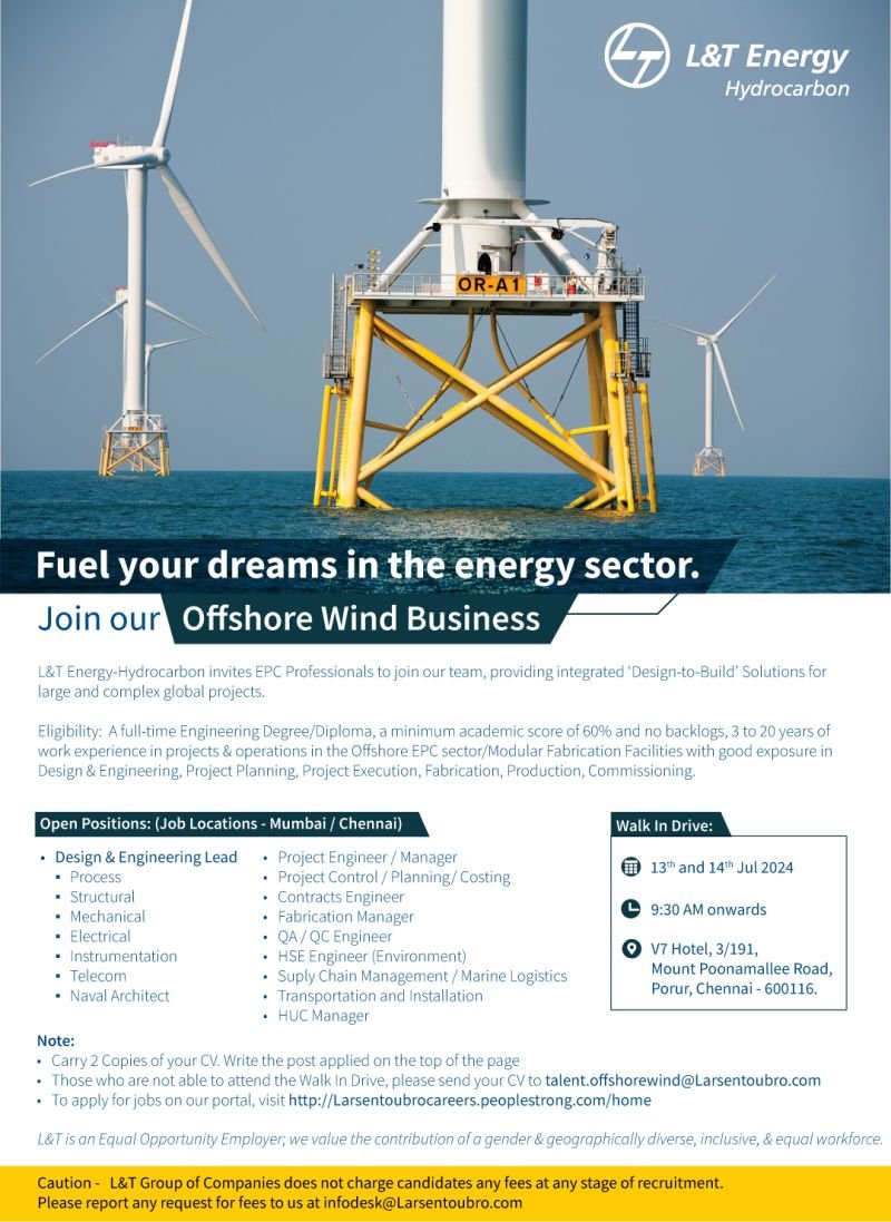 Walk in Opportunities for Offshore EPC / Offshore Wind Professionals