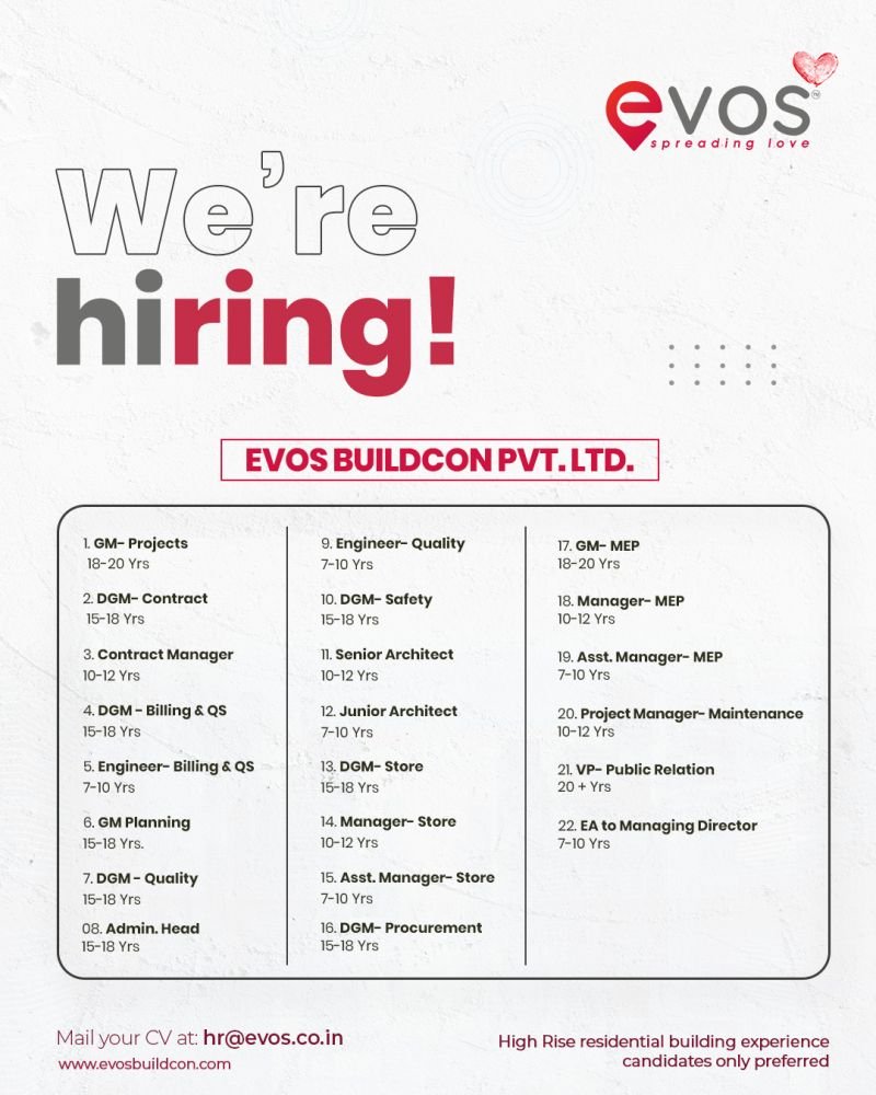 Evos Buildcon, Fastest growing Real Estate Company in Odisha Hiring Multiple Positions - GM/DGM/Mgr/AM